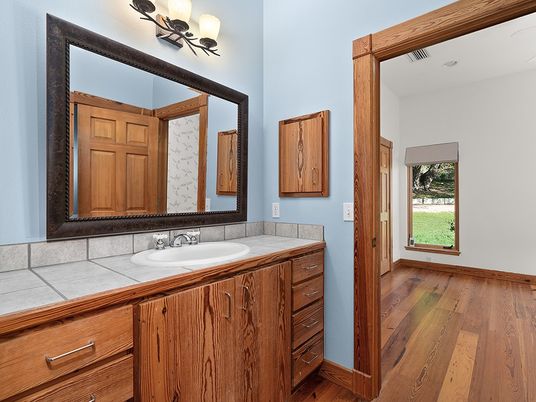 Bathroom, Interior, Tile Countertops, Wood Texture Flooring
