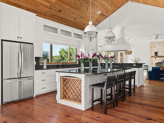 Interior, Kitchen, Pendant Lights, Stainless Steel Appliances, Stone Walls, Wooden Ceilings, Wood Texture Flooring
