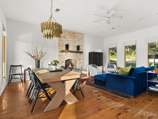 Dining room, Fireplace, Interior, Living room, Stone Walls, Wood Texture Flooring