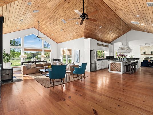 Dining room, Fireplace, Interior, Kitchen, Living room, Pendant Lights, Recessed Lighting, Stainless Steel Appliances, Wooden Ceilings, Wood Texture Flooring
