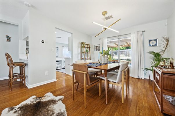 Dining room, Interior, Kitchen, Pendant Lights, Wood Texture Flooring