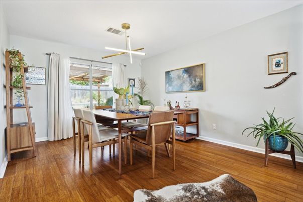 Dining room, Interior, Pendant Lights, Wood Texture Flooring