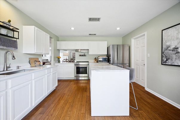 Interior, Kitchen, Recessed Lighting, Stainless Steel Appliances, Wood Texture Flooring