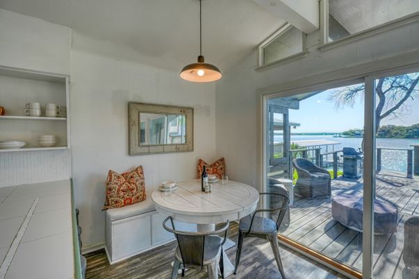 Dining room, Interior, Pendant Lights, Water, Wood Texture Flooring