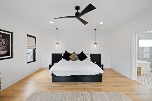 Bedroom, Interior, Pendant Lights, Recessed Lighting, Wood Texture Flooring