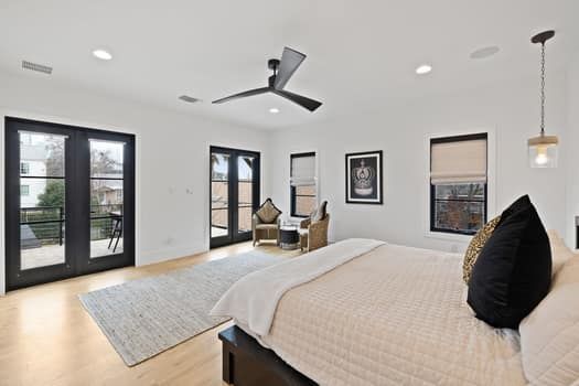 Bedroom, Interior, Pendant Lights, Recessed Lighting, Wood Texture Flooring