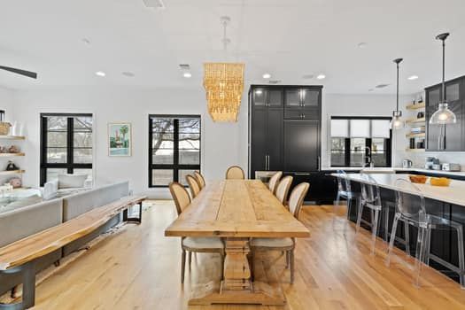 Chandelier, Dining room, Interior, Kitchen, Living room, Pendant Lights, Recessed Lighting, Wood Texture Flooring
