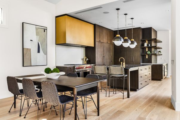 Dining room, Interior, Kitchen, Pendant Lights, Recessed Lighting, Stainless Steel Appliances, Wood Texture Flooring