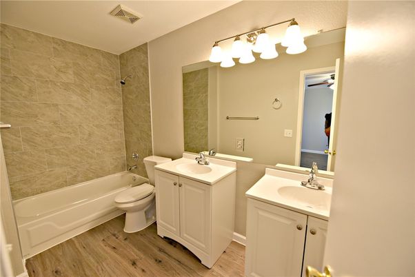 Bathroom, Dual Sink Vanities, Interior, Wood Texture Flooring