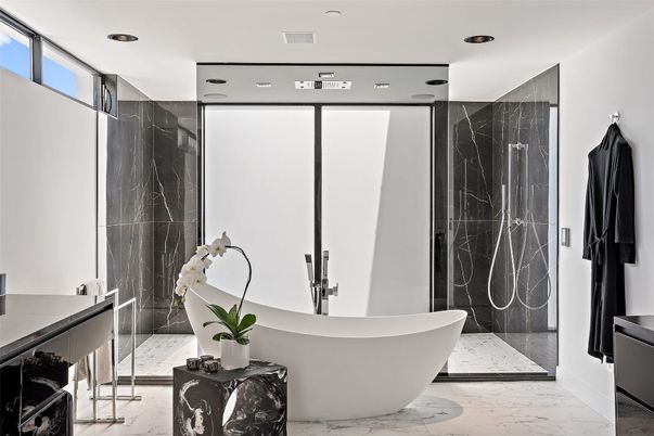 Bathroom, Free Standing Baths, Interior, Marble, Marble Walls, Recessed Lighting