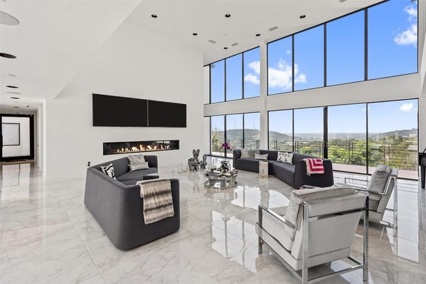 Fireplace, Interior, Living room, Marble, Recessed Lighting
