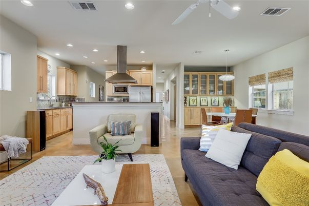 Dining room, Interior, Kitchen, Living room, Pendant Lights, Recessed Lighting, Stainless Steel Appliances, Wood Texture Flooring