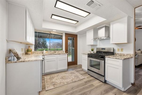 Interior, Kitchen, Recessed Lighting, Stainless Steel Appliances, Wood Texture Flooring