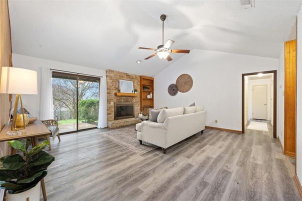 Fireplace, Interior, Living room, Stone Walls, Wood Texture Flooring