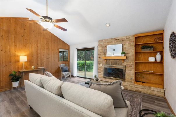 Fireplace, Interior, Living room, Stone Walls, Wood Texture Flooring, Wooden Walls