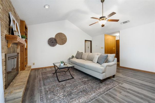 Fireplace, Interior, Living room, Stone Walls, Wood Texture Flooring