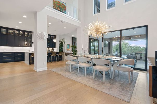 Dining room, Interior, Kitchen, Pendant Lights, Recessed Lighting, Wood Texture Flooring