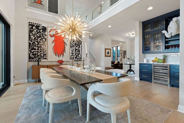 Dining room, Interior, Pendant Lights, Recessed Lighting, Wood Texture Flooring