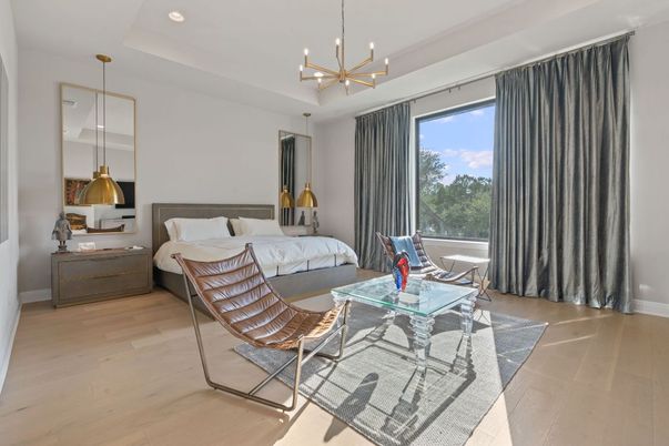 Bedroom, Interior, Pendant Lights, Recessed Lighting, Wood Texture Flooring