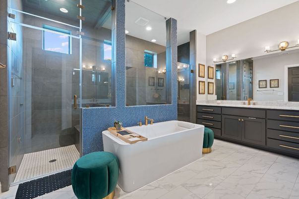Bathroom, Dual Sink Vanities, Free Standing Baths, Glass Shower, Interior, Marble, Recessed Lighting