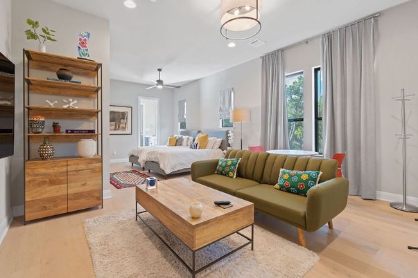 Bedroom, Interior, Living room, Recessed Lighting, Wood Texture Flooring