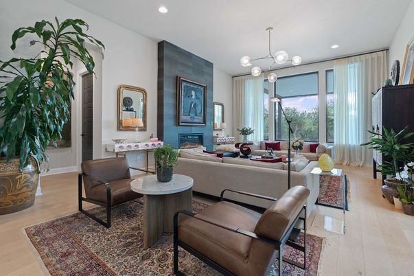 Fireplace, Interior, Living room, Pendant Lights, Recessed Lighting, Wood Texture Flooring