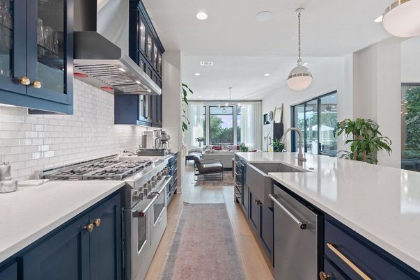Dining room, Interior, Kitchen, Living room, Pendant Lights, Recessed Lighting, Stainless Steel Appliances, Wood Texture Flooring