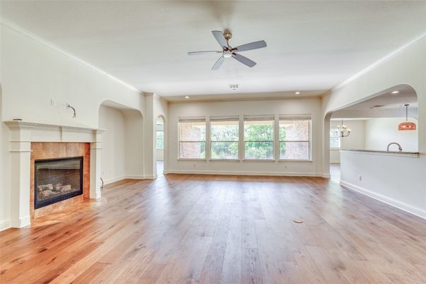 Empty room, Fireplace, Interior, Pendant Lights, Recessed Lighting, Wood Texture Flooring