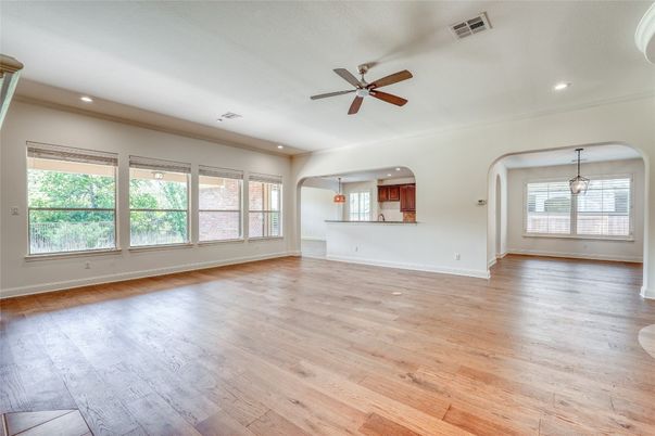 Empty room, Interior, Pendant Lights, Recessed Lighting, Wood Texture Flooring