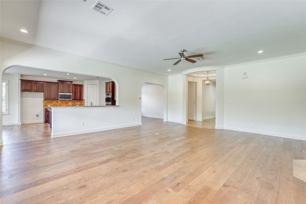 Empty room, Interior, Kitchen, Pendant Lights, Recessed Lighting, Wood Texture Flooring