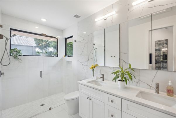 Bathroom, Dual Sink Vanities, Glass Shower, Interior, Marble Walls, Recessed Lighting