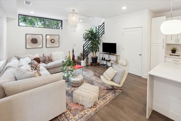 Chandelier, Interior, Living room, Pendant Lights, Recessed Lighting, Wood Texture Flooring