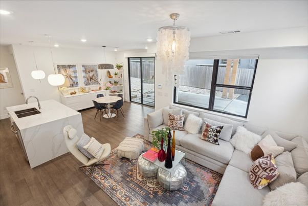 Chandelier, Dining room, Interior, Kitchen, Living room, Pendant Lights, Recessed Lighting, Wood Texture Flooring