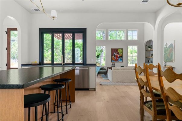 Interior, Kitchen, Living room, Pendant Lights, Wood Texture Flooring