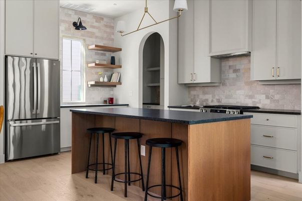 Interior, Kitchen, Pendant Lights, Stainless Steel Appliances, Wood Texture Flooring