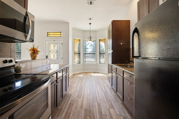 Interior, Kitchen, Pendant Lights, Wood Texture Flooring