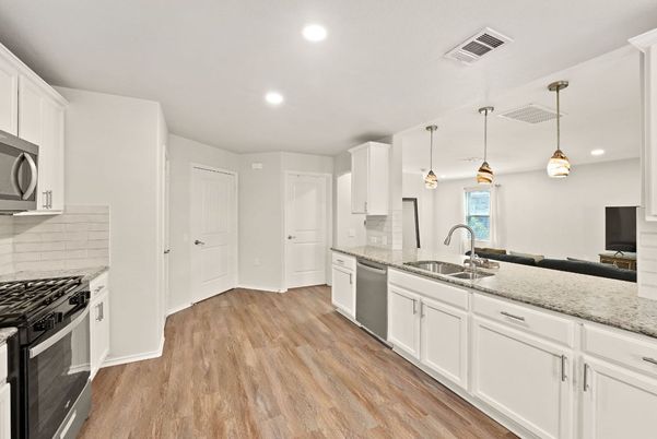 Interior, Kitchen, Pendant Lights, Recessed Lighting, Stainless Steel Appliances, Wood Texture Flooring