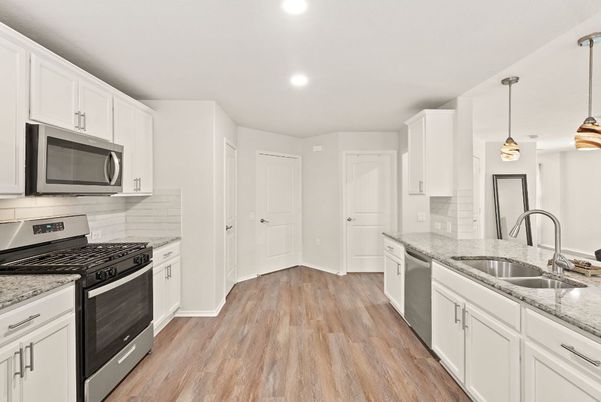 Interior, Kitchen, Pendant Lights, Recessed Lighting, Stainless Steel Appliances, Wood Texture Flooring