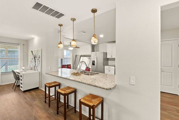 Dining room, Interior, Kitchen, Pendant Lights, Recessed Lighting, Wood Texture Flooring