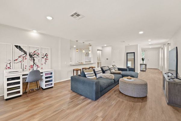 Dining room, Interior, Living room, Pendant Lights, Recessed Lighting, Wood Texture Flooring