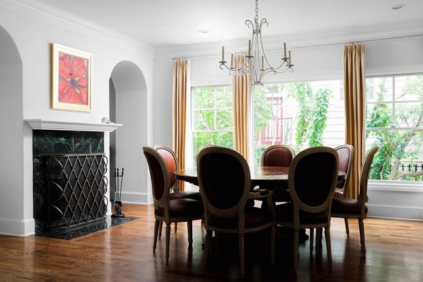 Chandelier, Dining room, Fireplace, Interior, Recessed Lighting, Wood Texture Flooring