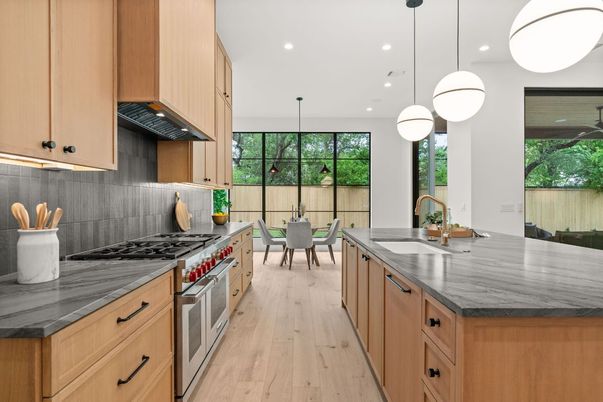 Dining room, Interior, Kitchen, Pendant Lights, Recessed Lighting, Stainless Steel Appliances, Wood Texture Flooring