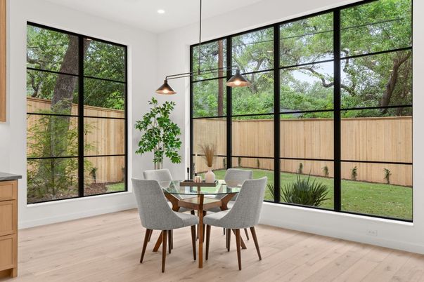 Dining room, Interior, Pendant Lights, Recessed Lighting, Wood Texture Flooring