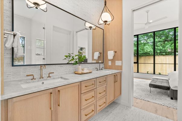 Bathroom, Dual Sink Vanities, Interior, Pendant Lights, Wood Texture Flooring