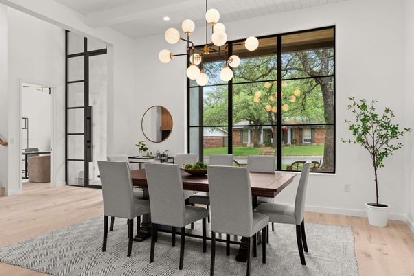 Dining room, Interior, Pendant Lights, Recessed Lighting, Wood Texture Flooring