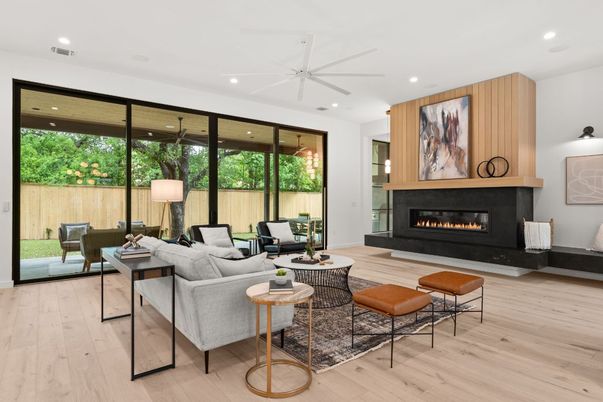 Fireplace, Interior, Living room, Recessed Lighting, Wood Texture Flooring