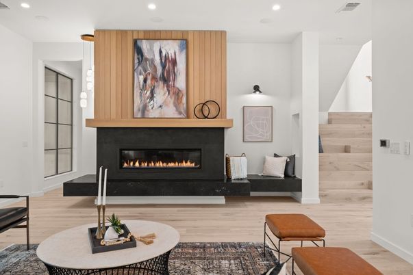 Fireplace, Interior, Pendant Lights, Recessed Lighting, Wood Texture Flooring, Wooden Walls