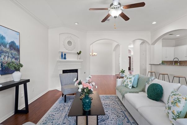 Fireplace, Interior, Living room, Recessed Lighting, Wood Texture Flooring