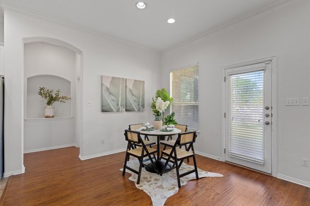 Dining room, Interior, Recessed Lighting, Wood Texture Flooring