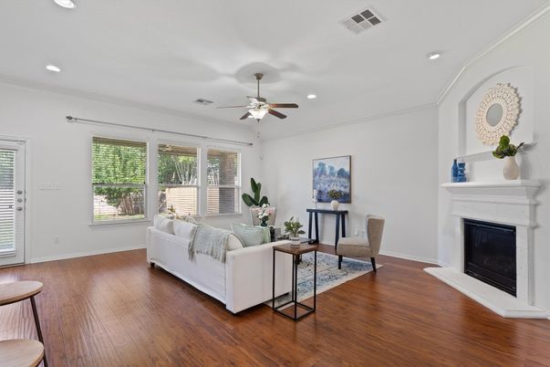 Fireplace, Interior, Living room, Recessed Lighting, Wood Texture Flooring